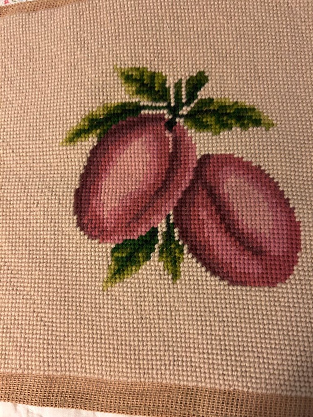 Salvaged Antique Needlepoint Unfinished Cushion Cover Fruit Plums Project